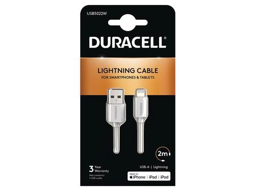 Cable Duracell USB5022W, 2 m, USB A vers Lightning, Blanc, Droit, Droit